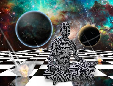 Surreal composition. Armageddon. Asteroids destroy planets. Man with maze pattern in lotus pose. Chessboard in the Universe. 3D rendering