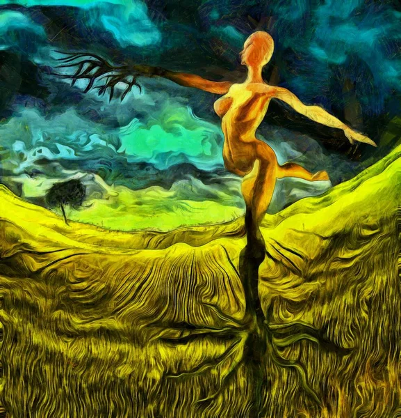 Pintura Surreal Figura Uma Mulher Nua Pose Dança Enraizada Chão — Fotografia de Stock