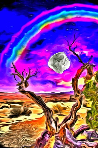 Surreal painting. Old tree stands on a rocky ground. Full moon and rainbow in purple-blue clouds.