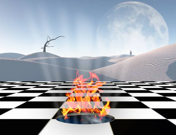 Surrealism Chessboard Burning Portal Another Dimension Lonely Man Distance White — Stock fotografie