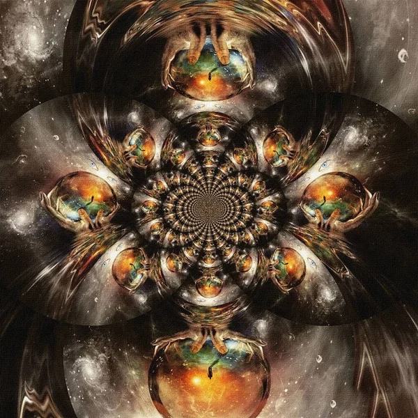 Obraz Abstrakcyjny Okrągły Fraktal Kryształową Kulą Rękach Boga — Zdjęcie stockowe