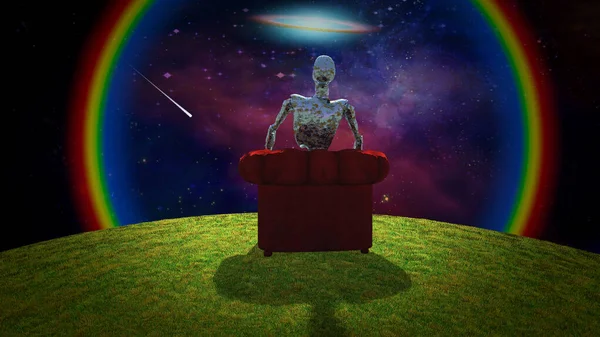 Surreal Composition Rusted Alien Sits Red Armchair Observer Vivid Universe — Stock Photo, Image