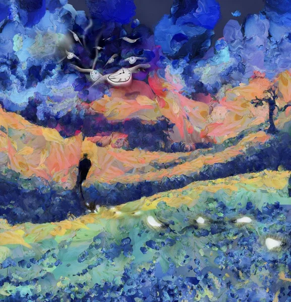 Surreal painting. Man in suit stands in green field. Winged clocks represents flow of time. Light bulbs symbolizes ideas.