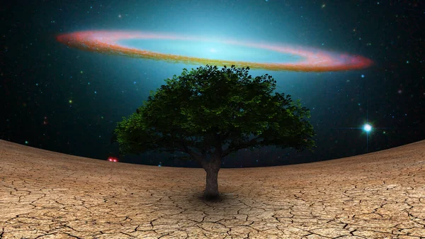 Surrealismo Árbol Verde Tierra Árida Disco Galáctico Cielo Nocturno — Foto de Stock