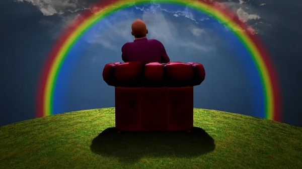 Surreal Composition Man Sits Red Armchair Observes Rainbow Cloudy Sky — Stock Photo, Image