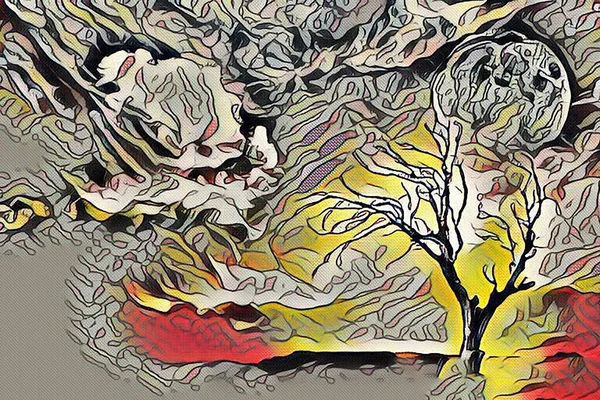 Abstrakte Malerei Einsamer Baum Vollmond Bewölkten Himmel — Stockfoto