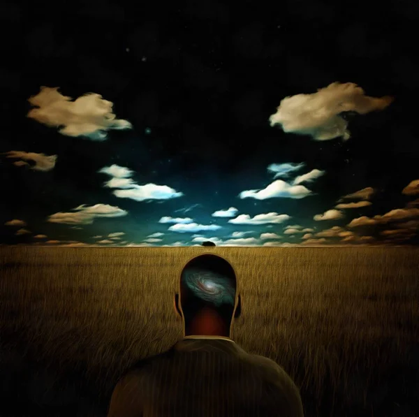 Surrealistisk Målning Man Med Galax Huvudet Står Vetefältet — Stockfoto
