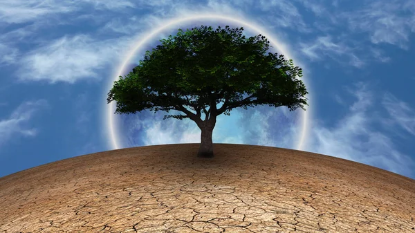 Surrealismus Zelený Strom Vyprahlé Zemi Úplněk Modré Obloze — Stock fotografie