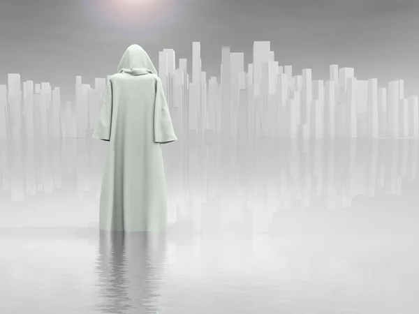 Surrealismo Robed Traveler Antes Cidade Pura — Fotografia de Stock