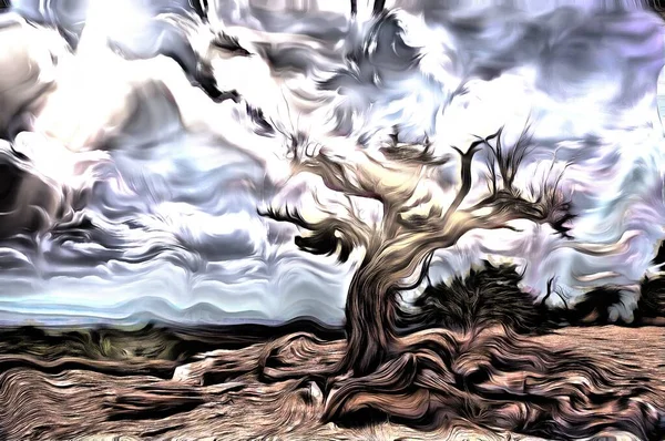 超现实的绘画 阳光下的老树 沙漠景观 — 图库照片