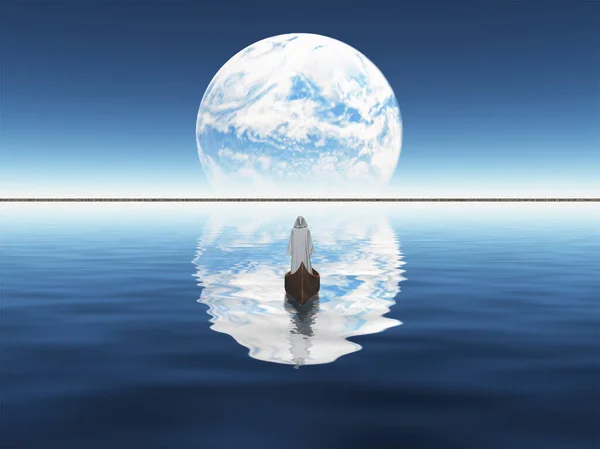 Белый Монах Плавает Лодке Синяя Планета Видна Вдалеке Рендеринг — стоковое фото