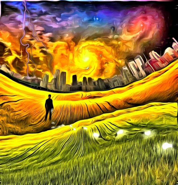 Сюрреалистичная Картина Человек Стоит Поле Перед Городом Яркие Галактики Молнии — стоковое фото