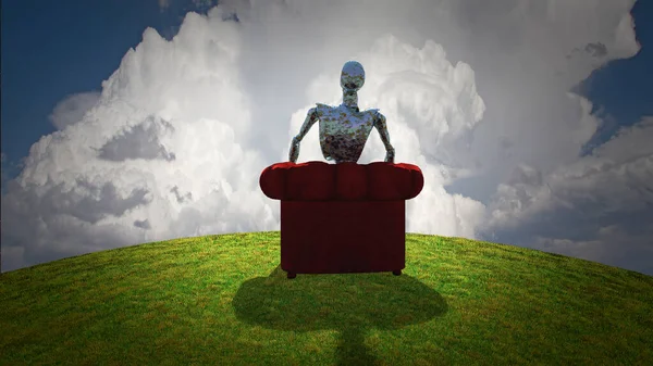 Scena Surreale Robot Alieno Arrugginito Siede Poltrona Rossa Prima Cielo — Foto Stock