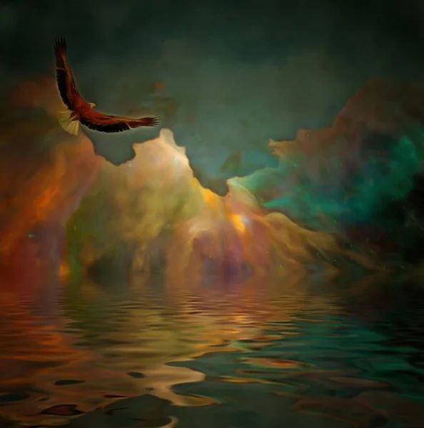超现实的绘画 鹰在水面上五彩斑斓的天空中飞翔 — 图库照片