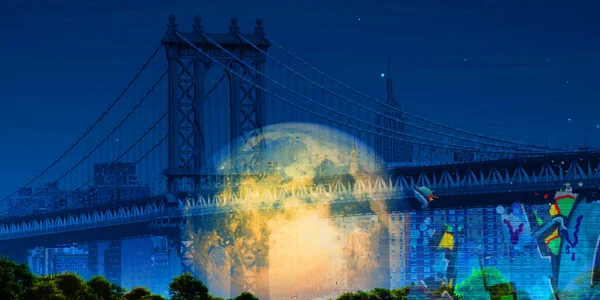 Arte Digital Surreal Ponte Manhattan Paisagem Urbana Nova Iorque Lua — Fotografia de Stock