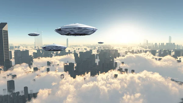 Repülő Csészealjak Futurisztikus Megapolis Felett Napkelte — Stock Fotó