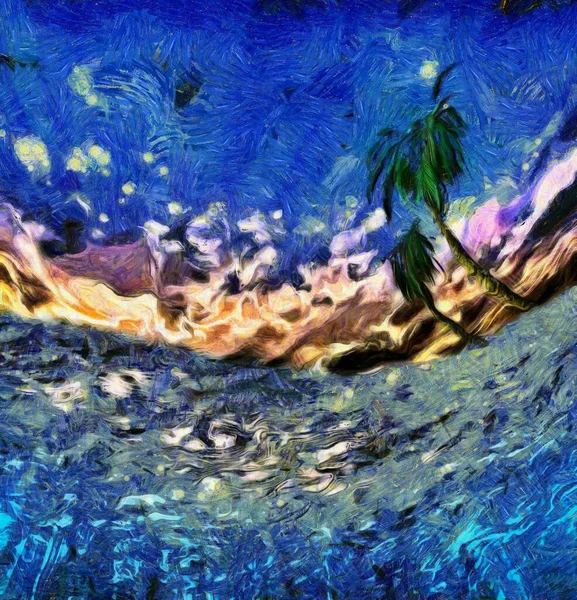 Сюрреалистичная Картина Вид Воды Пальмы Мазки Кисти — стоковое фото