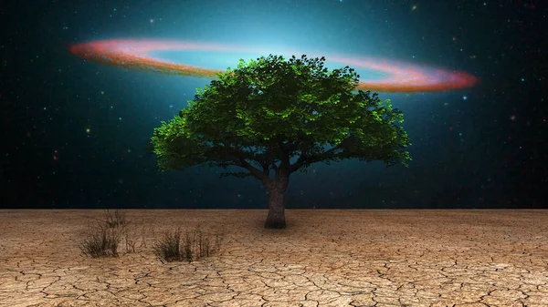 Surrealismus Grüner Baum Trockenem Land Galaktische Scheibe Nachthimmel — Stockfoto