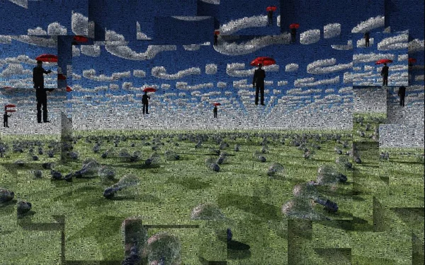 Arte Digital Surreal Homens Com Guarda Chuvas Vermelhos Pairam Sobre — Fotografia de Stock