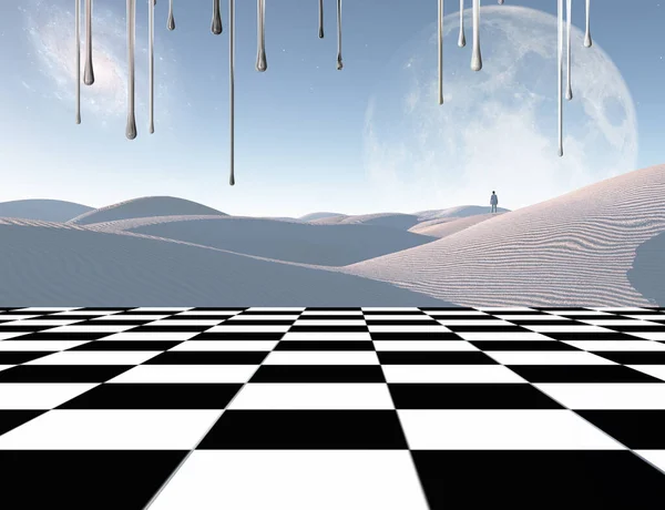 Surrealism Lonely Traveler White Sands Dune Chess Board Rendering — Stockfoto