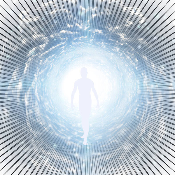 Tunnel of Light with figure. Soul. 3D rendering