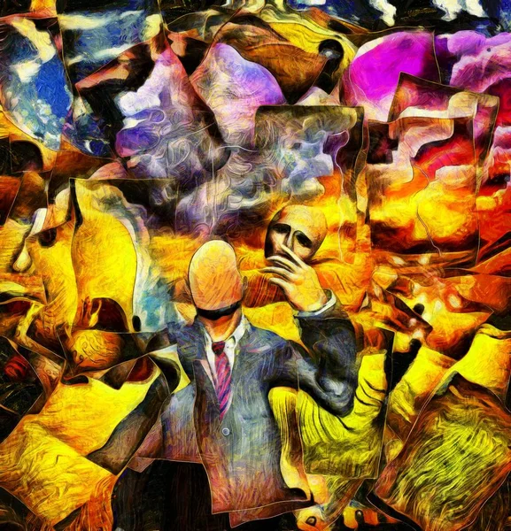 Surrealistyczny Obraz Mężczyzna Garniturze Trzyma Maskę Dłoni Streszczenie Tła — Zdjęcie stockowe