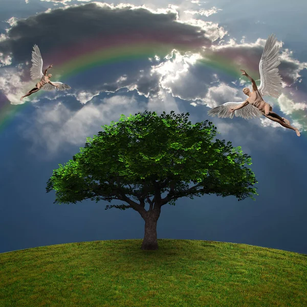 Angeli Sopra Albero Verde Nuvole Drammatiche Arcobaleno Rendering — Foto Stock