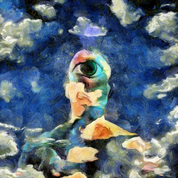 Pintura Surrealista Figura Hombre Desnudo Con Ojo Una Nuca Nube —  Fotos de Stock