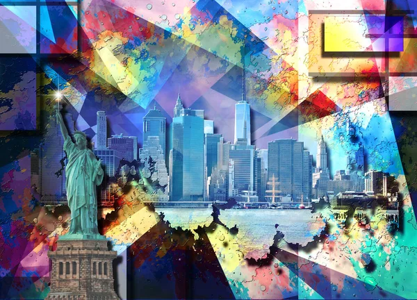 Абстрактная Красочная Композиция Статуя Городского Пейзажа Свободы Нью Йорка Рендеринг — стоковое фото