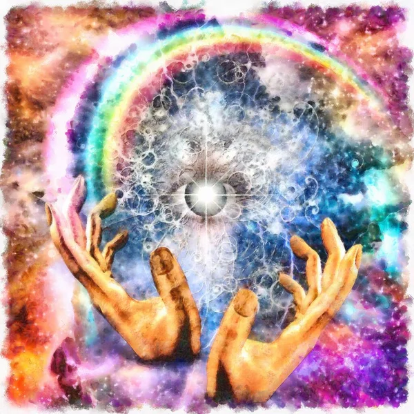 Сюрреалистичная Картина Глаз Божий Вселенной Руки Молитвы — стоковое фото
