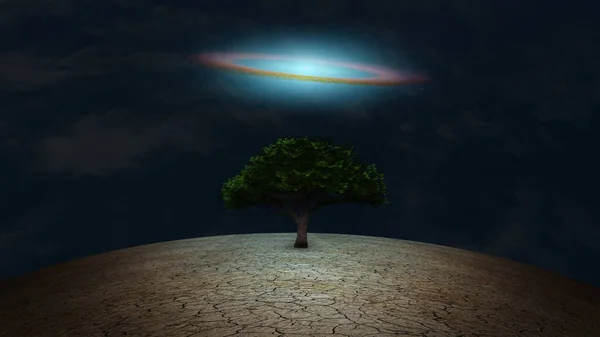 シュールレアリズム 乾燥した土地の緑の木 夜空の銀河系円盤 — ストック写真