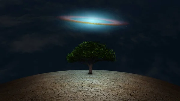 Surrealism Green Tree Arid Land Galactic Disk Night Sky — Stock Photo, Image