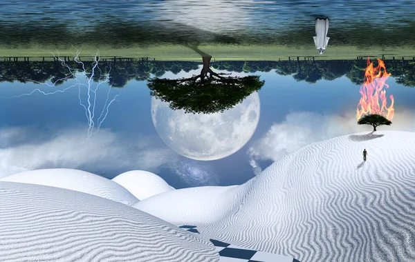 Desierto Blanco Surrealista Árbol Verde Ardiendo Una Duna Arena Figura —  Fotos de Stock