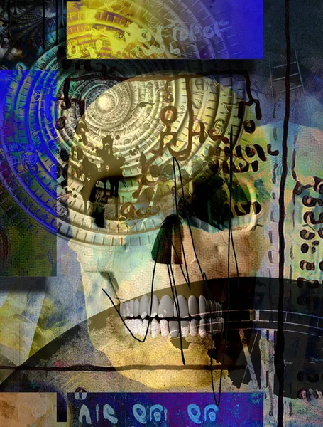 Surreal Composition Human Skull Time Spiral Vortex Ancient Script Background — Stock Photo, Image