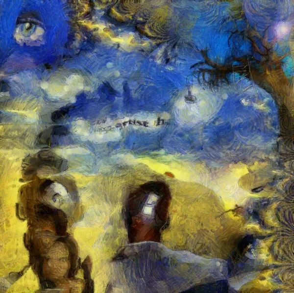 Pintura Óleo Surreal Cabeças Homens Com Pensamentos Diferentes Árvore Velha — Fotografia de Stock