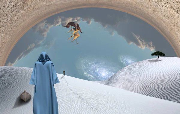 Deserto Branco Surreal Com Figura Manto Homem Distância Navio Antigo — Fotografia de Stock