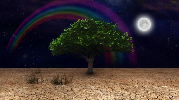 超现实主义 干旱土地上的绿树 满月彩虹在夜空中 — 图库照片