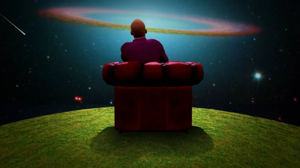 超現実的な構成 男は赤いアームチェアに座り 鮮やかな銀河を観察します 3Dレンダリング — ストック写真