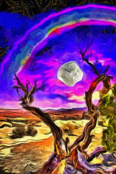 Surreal painting. Old tree stands on a rocky ground. Full moon and rainbow in purple-blue clouds.