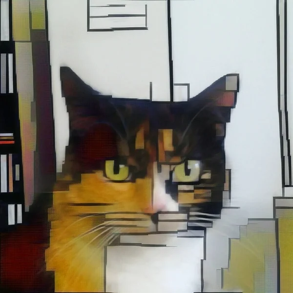Μοντέρνα Τέχνη Γάτα Σοβαρό Βλέμμα Μοτίβο Μοντριανό Στυλ — Φωτογραφία Αρχείου