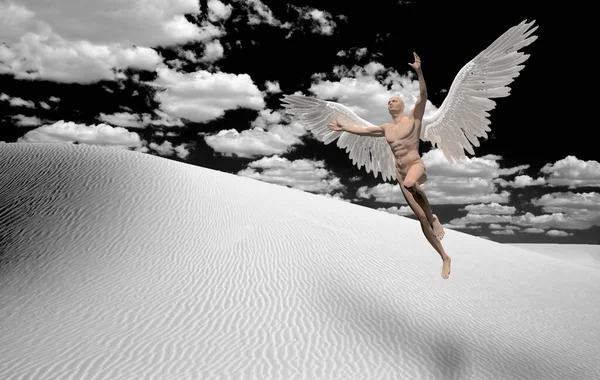 Homem Com Asas Brancas Deserto Simboliza Anjo — Fotografia de Stock