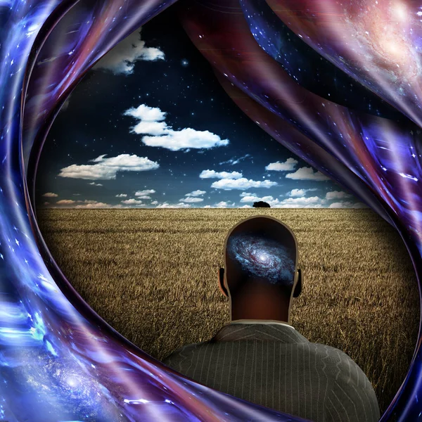 Sürrealizm Zihninde Galaksi Olan Adam Buğday Tarlasında Duruyor Çarpık Uzay — Stok fotoğraf