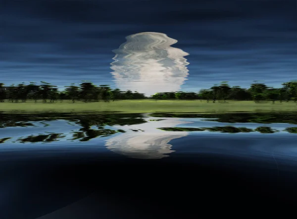 Surrealismo Salida Luna Sobre Lago Árboles Verdes Horizonte —  Fotos de Stock