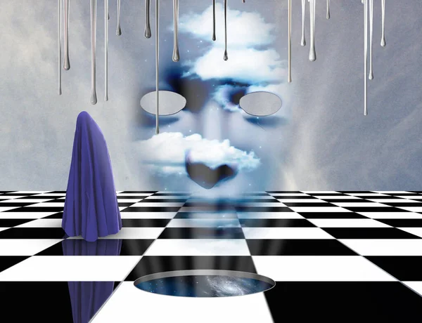 Сюрреализм Фигура Человека Покрытая Фиолетовой Тканью Стоит Шахматной Доске Маска — стоковое фото