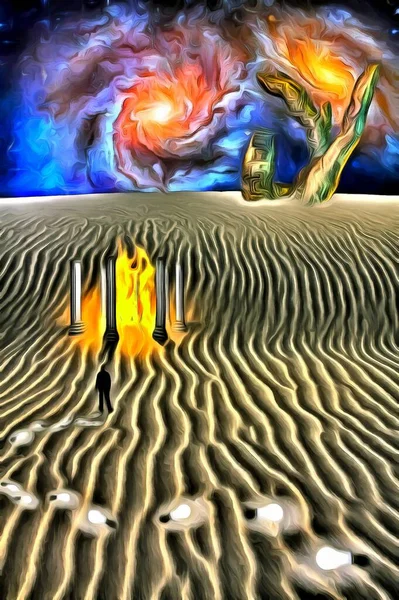 Arte Digitale Surreale Pianeta Deserto Bianco Con Tempio Fuoco Uomo — Foto Stock