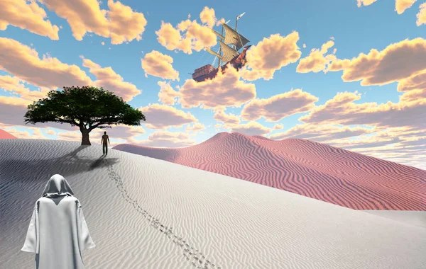 Сюрреалистичная Белая Пустыня Фигурой Плаще Человек Вдалеке Древний Корабль Небе — стоковое фото