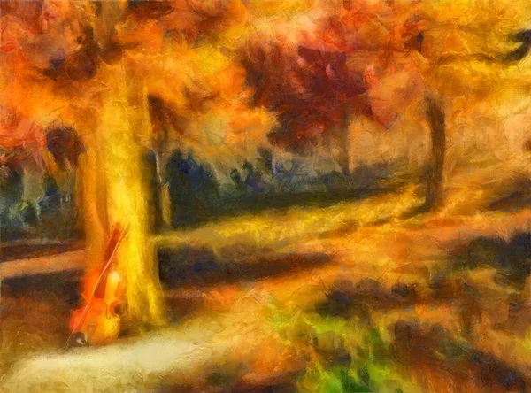 Oil painting. Violin in autumn forest.