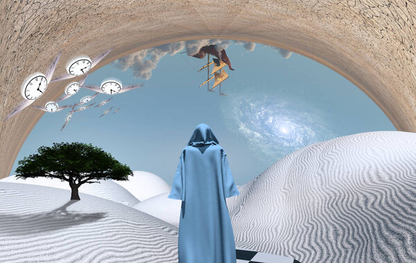 Surreal white desert with figure in cloak. Ancient ship in the sky. Winged clocks represents flow of time.