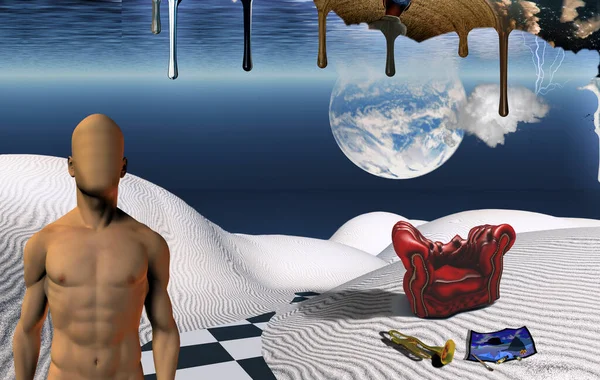 Surrealistisk Vit Öken Röd Fåtölj Trumpet Och Målning Naken Ansiktslös — Stockfoto