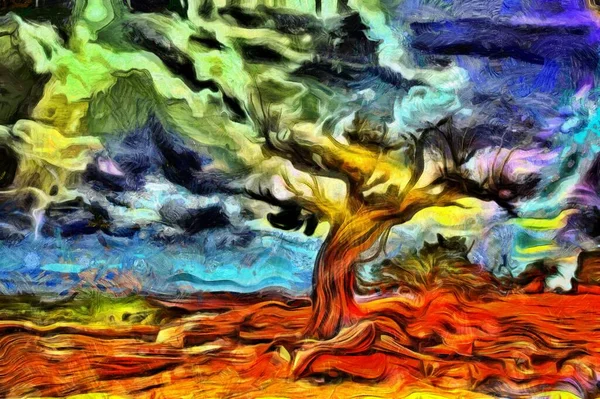 Pittura Astratta Vecchio Albero Sorge Terreno Roccioso — Foto Stock